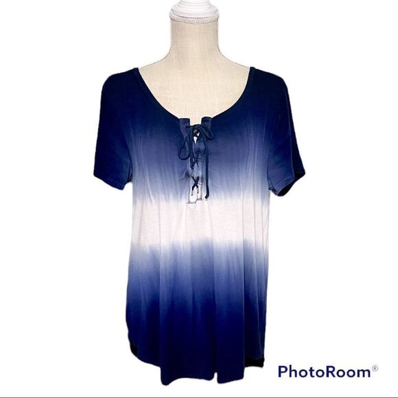 Hollister casual blue Ombre short sleeves lace up scoop neck t-shirt top - Picture 1 of 5